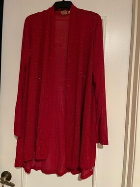 Red Open-Front Women’s Cardigan Sweater with Subtle Sparkle